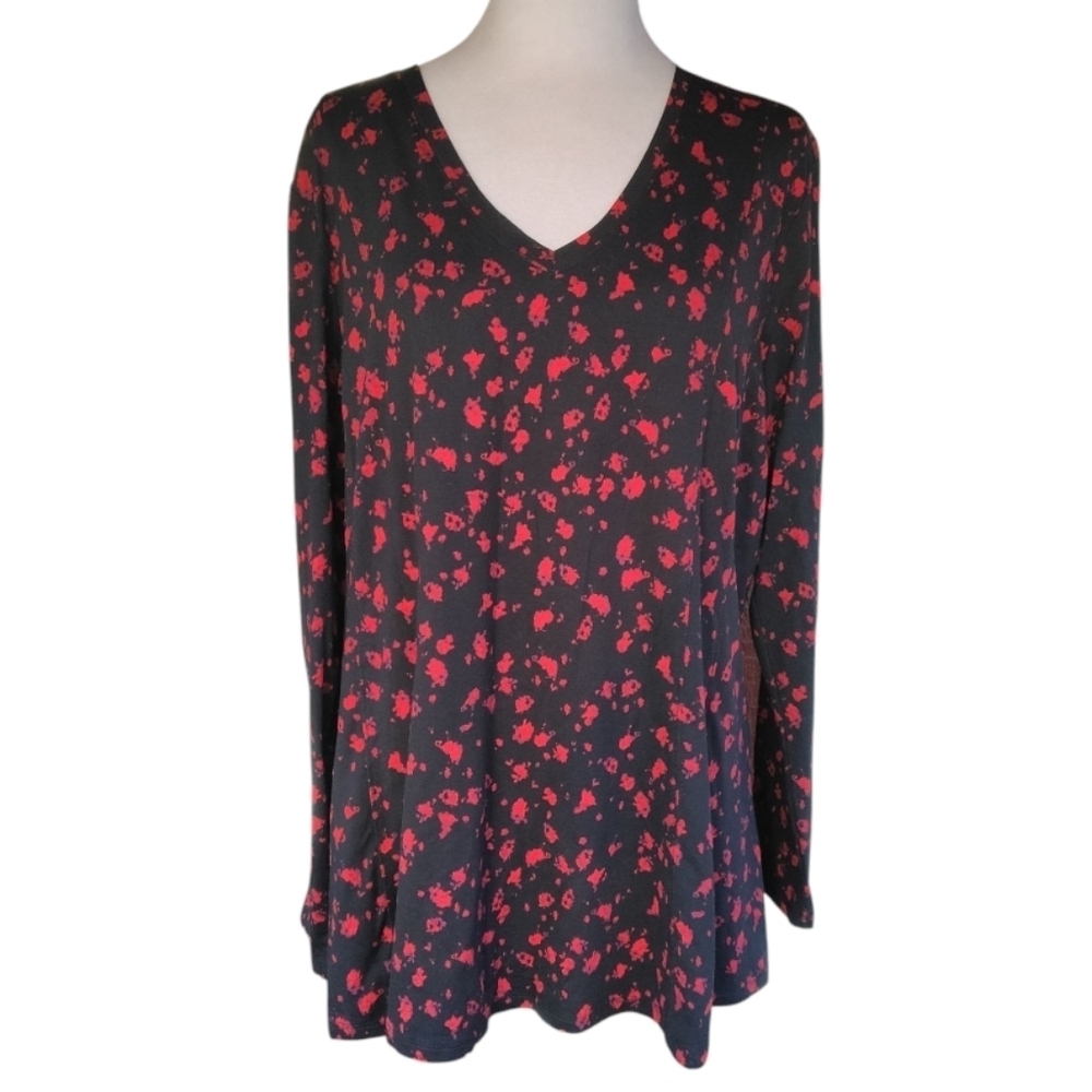 Lane Bryant Long Sleeve Stretchy Black Red Floral Pattern Blouse Size 14/16